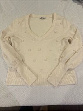 Madewell Cream V-Neck Pom-Pom Knit Sweater